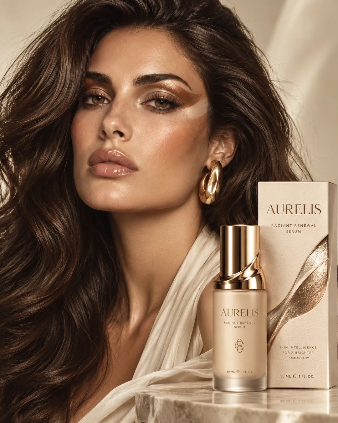 A model with bronze eye makeup next to a serum bottle and its carton
