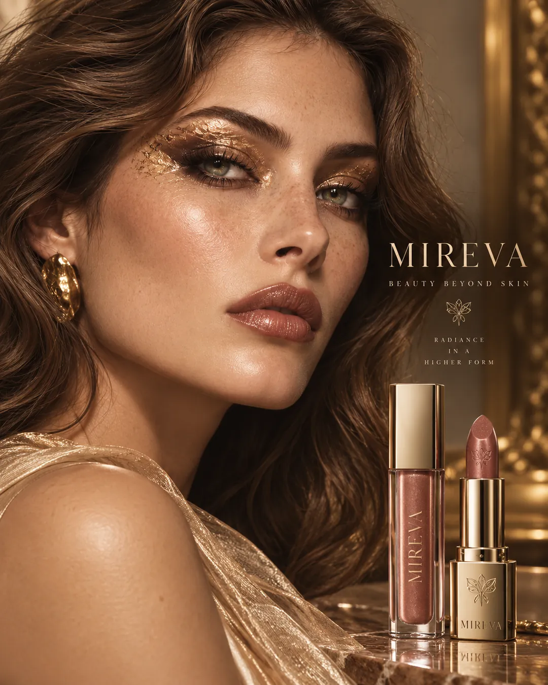 A model with gold eyeshadow next to a lip gloss and a lipstick
