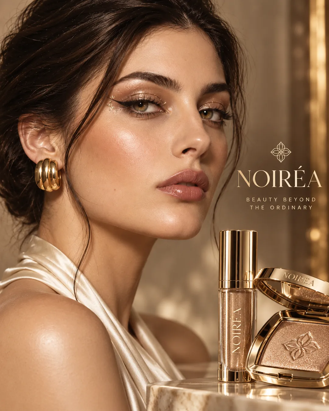 A model in soft gold makeup with a lip gloss and a highlighter compact