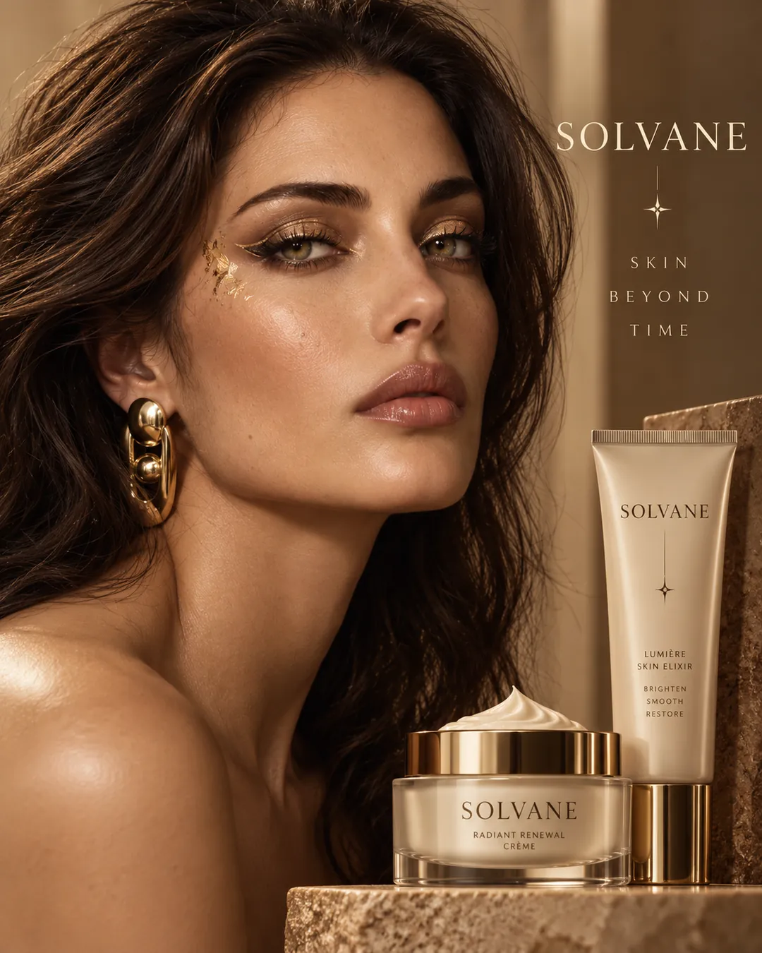 A model with gold-flecked makeup next to a face cream jar and a skin elixir tube