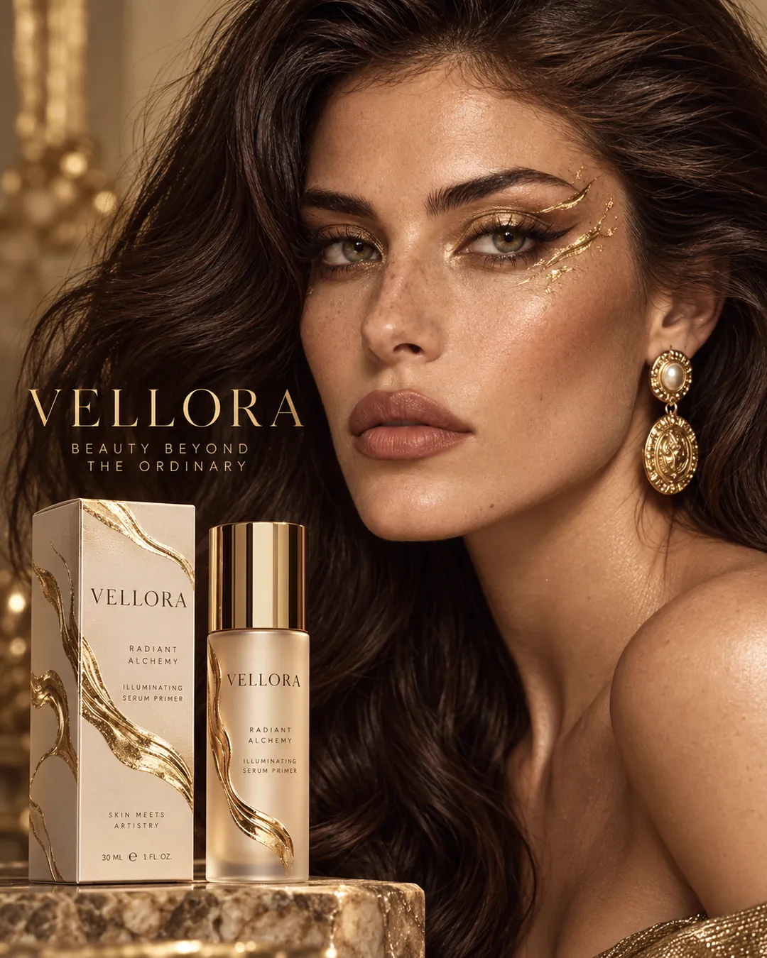 A model with gold eye makeup next to a serum primer bottle and its box