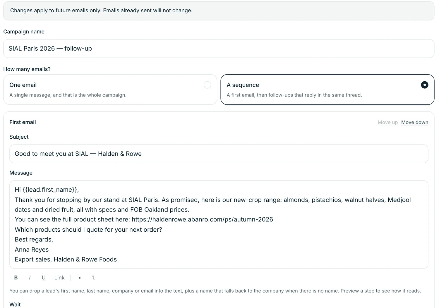 Editing a three-step email sequence for buyers met at SIAL Paris, sent from the exporter's own Gmail account.