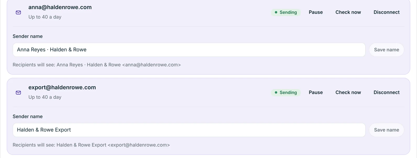 Two connected Gmail accounts in Abanro Export, each with its own sender name and a limit of 40 emails a day.
