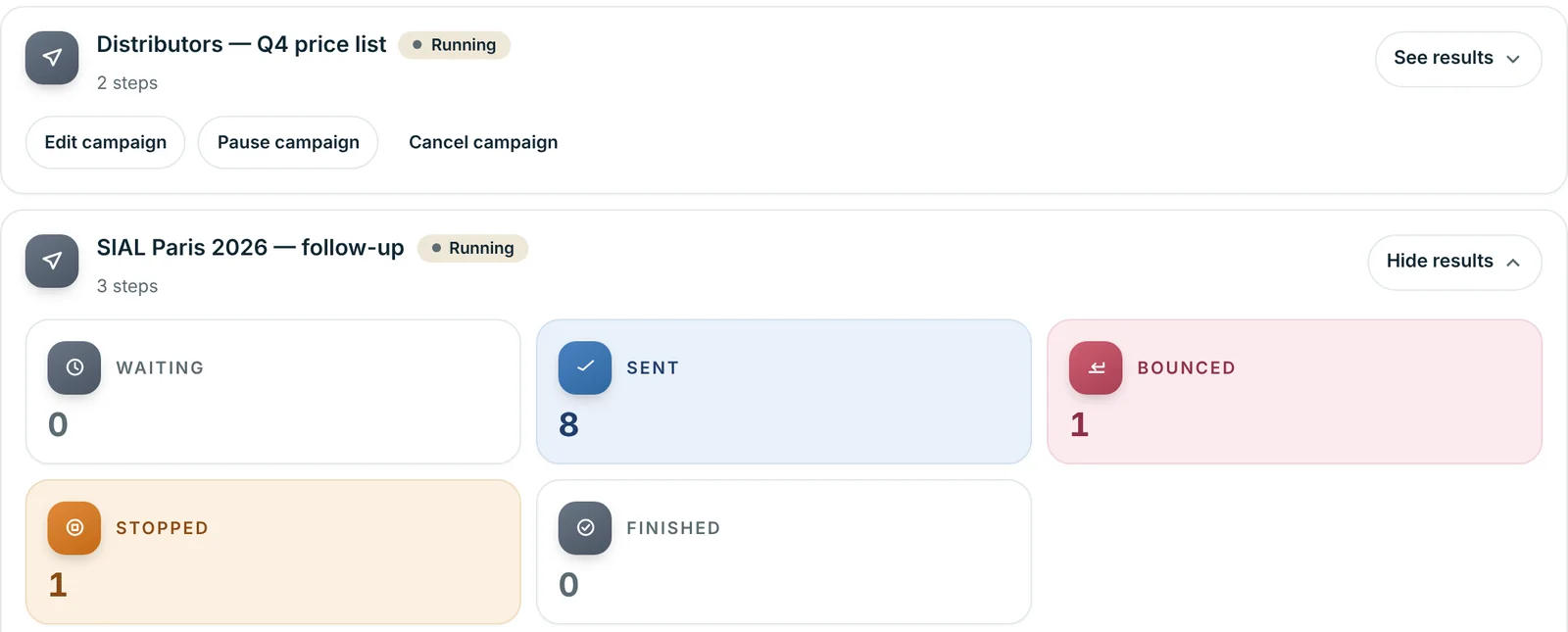 Results for an email campaign in Abanro: eight sent, one bounced and one stopped.