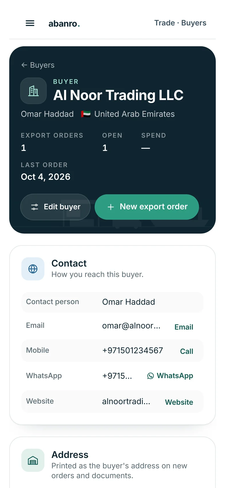 A buyer record in Abanro Export on a phone: Al Noor Trading LLC with contact person, WhatsApp and a new export order button.