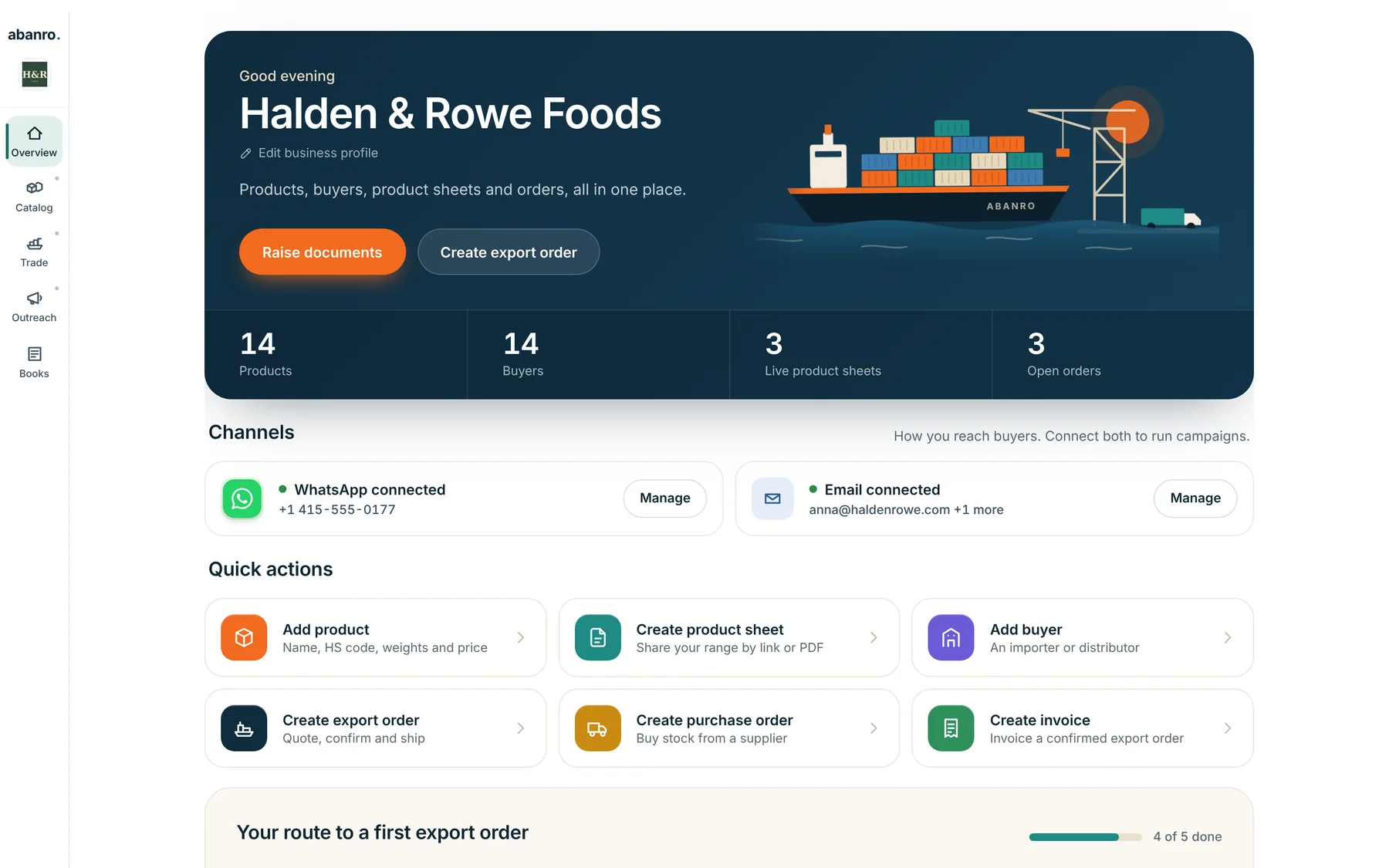 The Export overview for Halden & Rowe Foods: 14 products, 14 buyers, 3 live product sheets, 3 open orders, with WhatsApp and email connected.