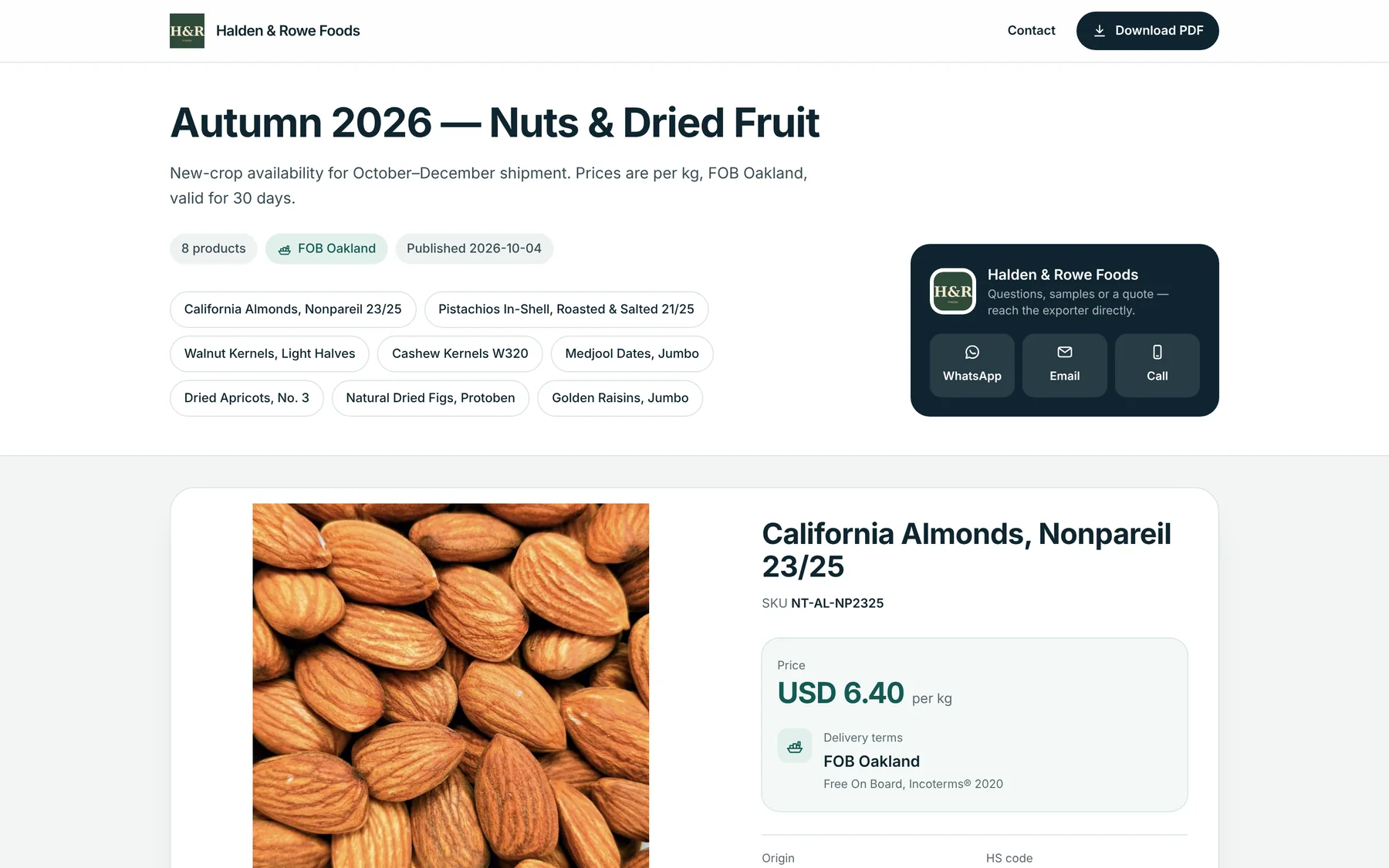A buyer-facing Product Sheet for autumn nuts and dried fruit: Nonpareil almonds at USD 6.40 per kg, FOB Oakland, with origin, HS code and minimum order.