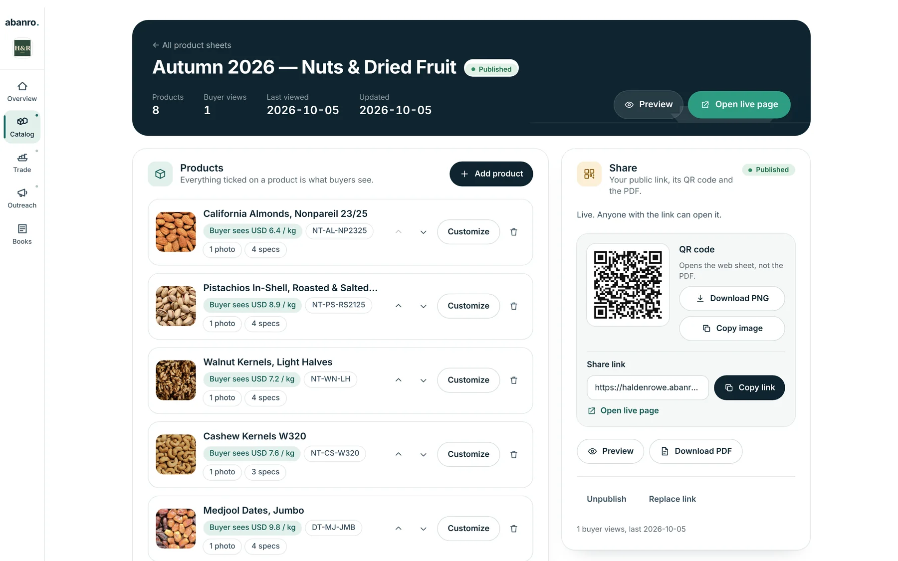 Editing the Autumn 2026 Nuts and Dried Fruit sheet: eight products with sheet prices, a QR code, share link and PDF download.