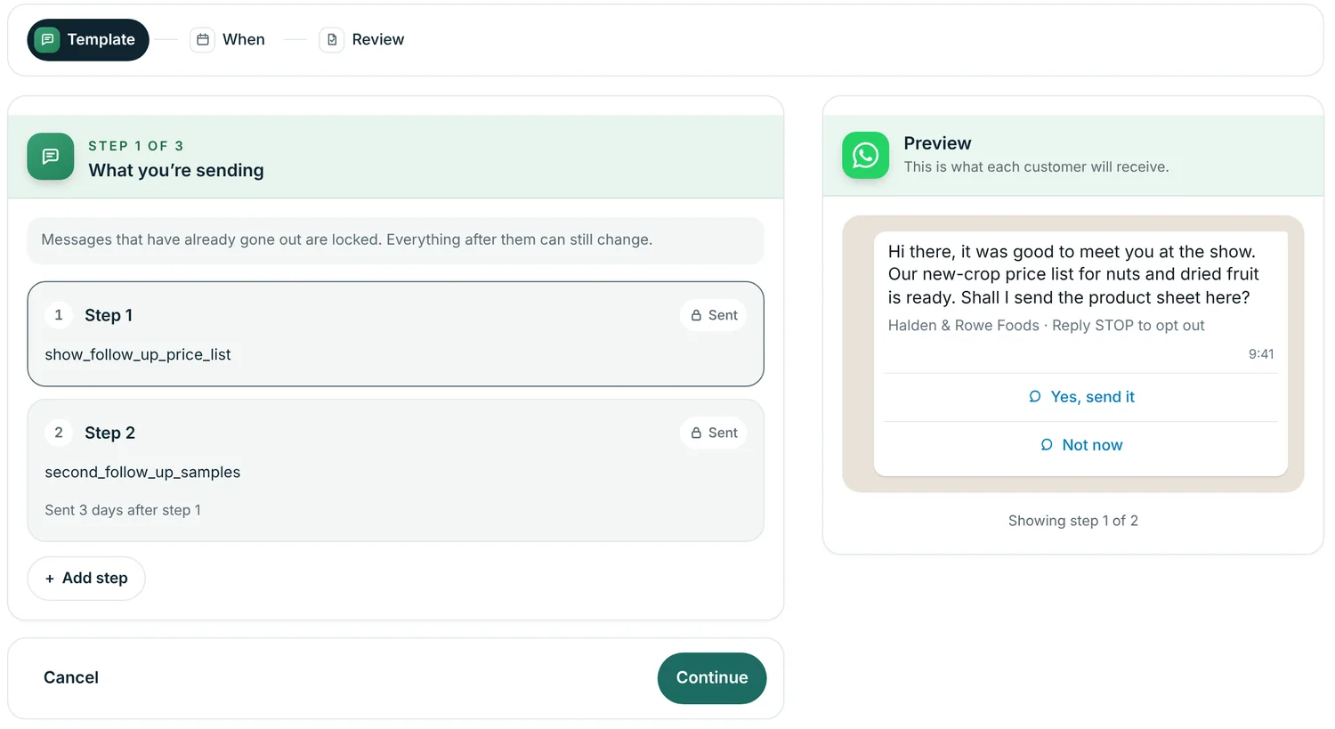 A two-step WhatsApp sequence in Abanro with a phone preview of the first message and its quick-reply buttons.