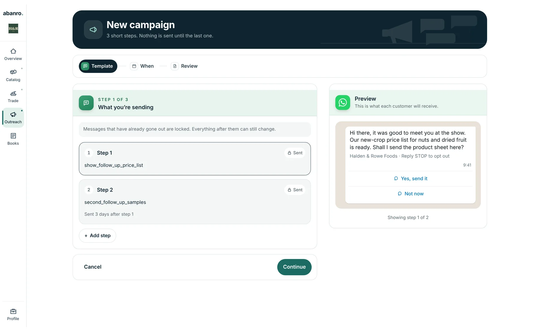 A two-step WhatsApp sequence in the Abanro workspace with a phone preview of the first message (demo data).