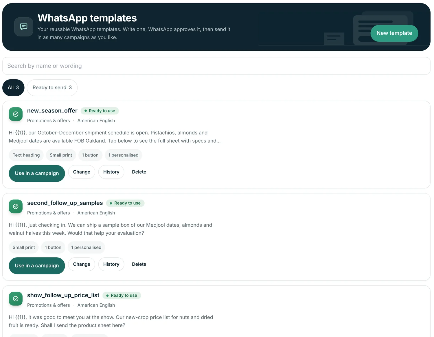 The WhatsApp templates library in Abanro with three templates approved by WhatsApp and ready to use in a campaign.