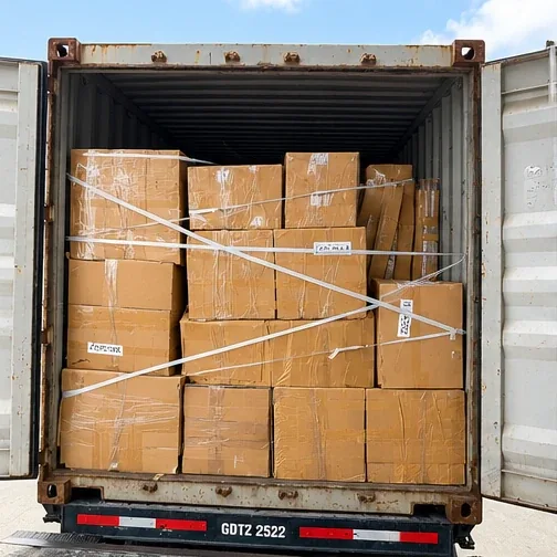 Open shipping container loaded with cartons secured by straps