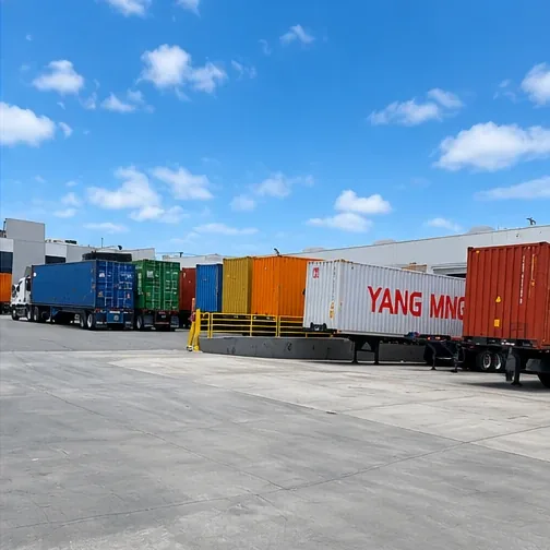 Shipping containers on trailers at a warehouse yard