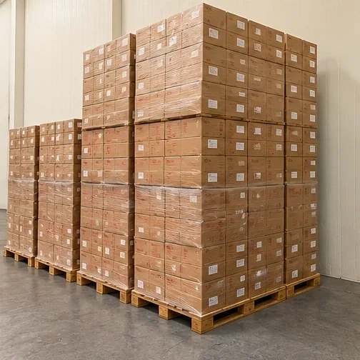Stretch-wrapped pallets of cartons in a warehouse