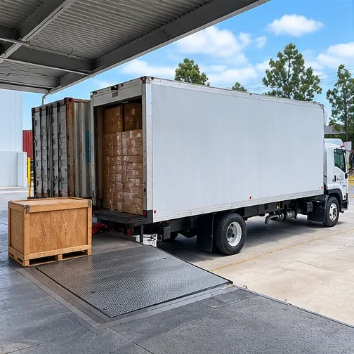 Box truck at a loading dock with cartons inside and a wooden crate on the dock ramp