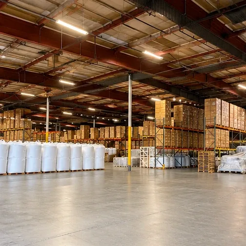 Warehouse with pallet racking, stacked cartons and bulk bags